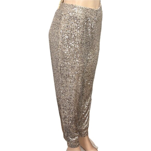Cable & Gauge L Metallic Champagne Sequin Stretch Waist Pockets Pull- On Joggers - Picture 3 of 7